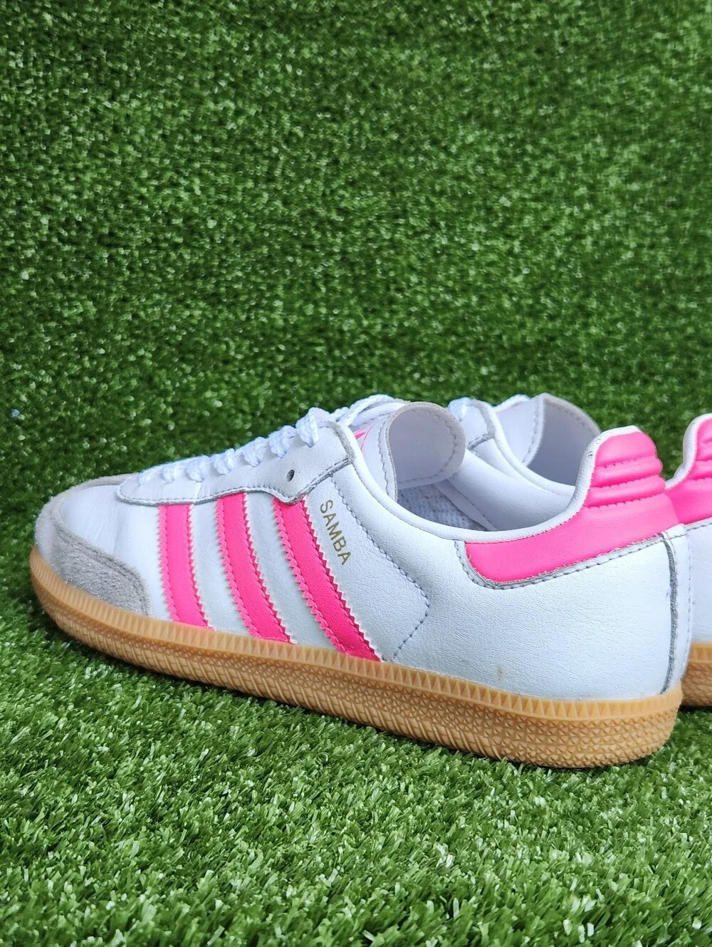 Adidas Samba Big Girls Kids Classic White Pink Leather Sneakers Shoes Size 3.5